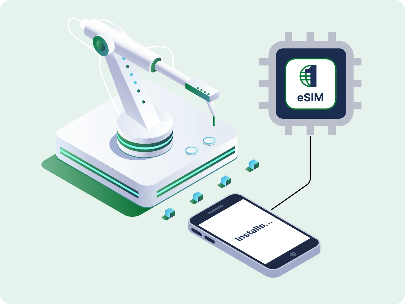 Manufacturing robot arm installing eSIM in a smartphone, with a microchip icon labeled "eSIM."