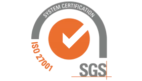 Orange and gray SGS System Certification logo for "ISO 27001" with a checkmark inside a circular design.