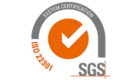 Orange and gray SGS system certification logo with a check mark, featuring "ISO 22301" text on the left arc.