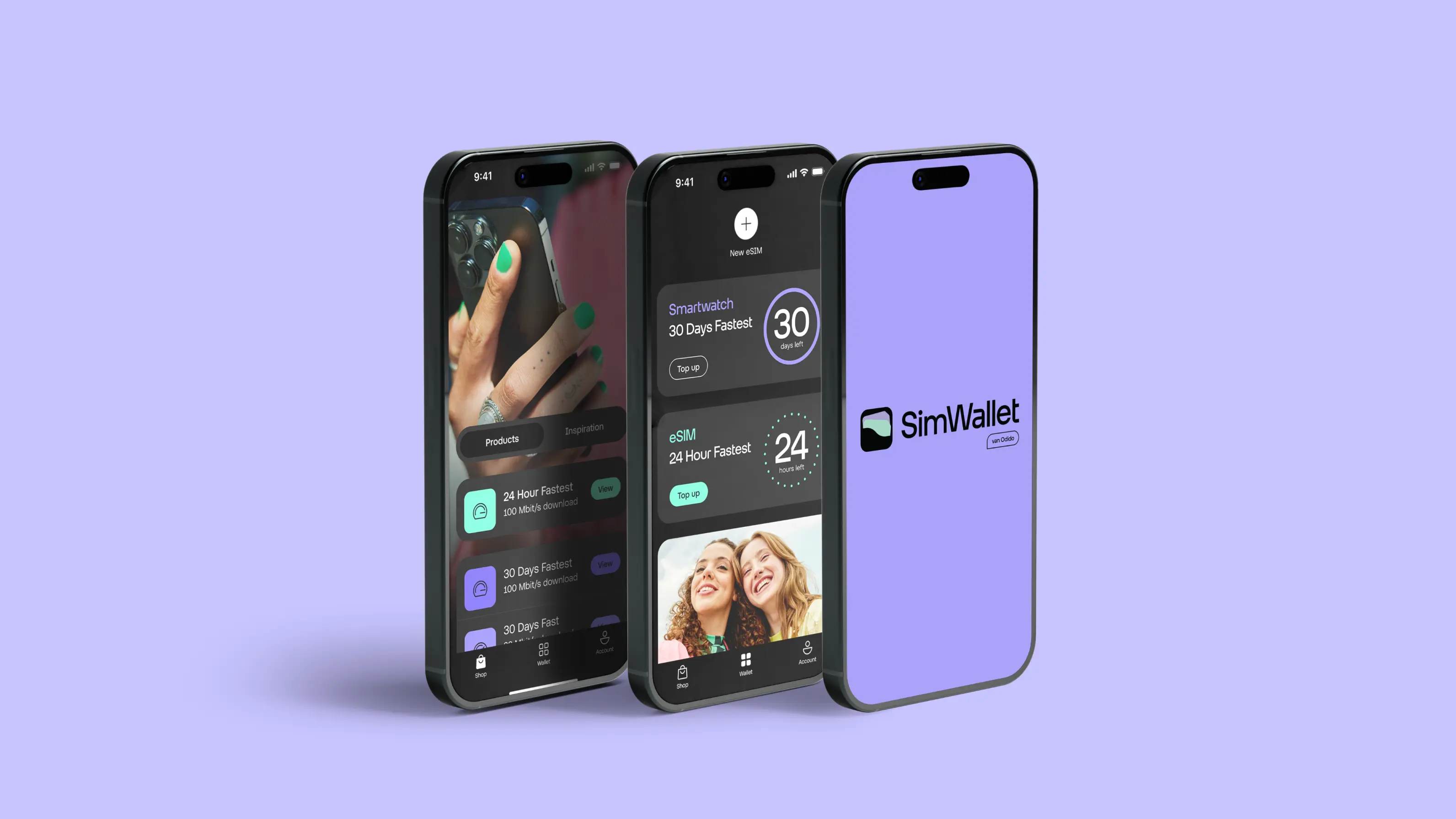 Three smartphones using SimWallet, the new eSIM service from Odido and 1GLOBAL