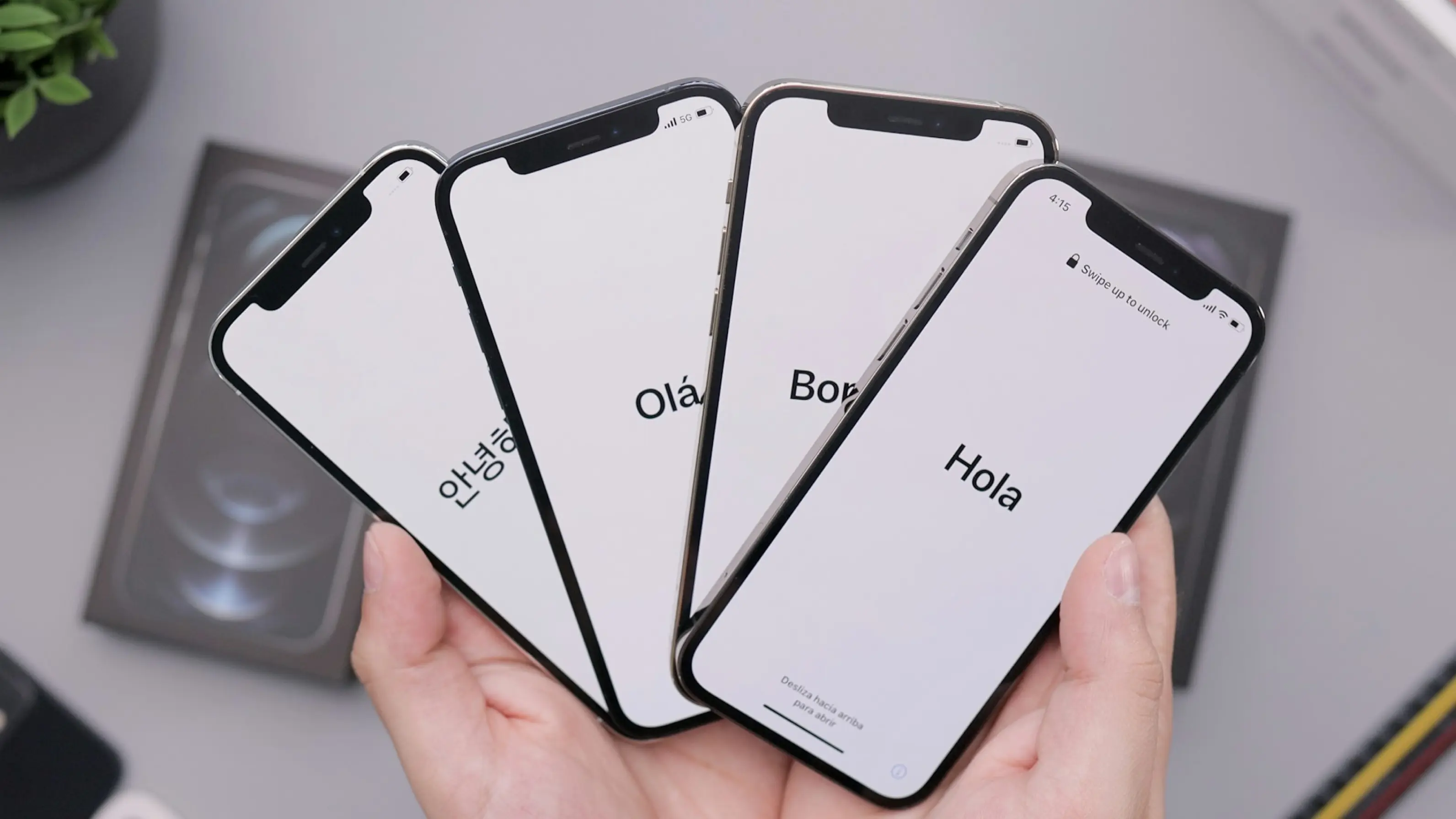4 iPhones fanned out in a hand, displaying the startup screens in four separate languages