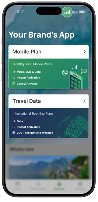 Smartphone displaying a mobile app with options for local mobile plans and international travel data, featuring instant activation and roaming details.
