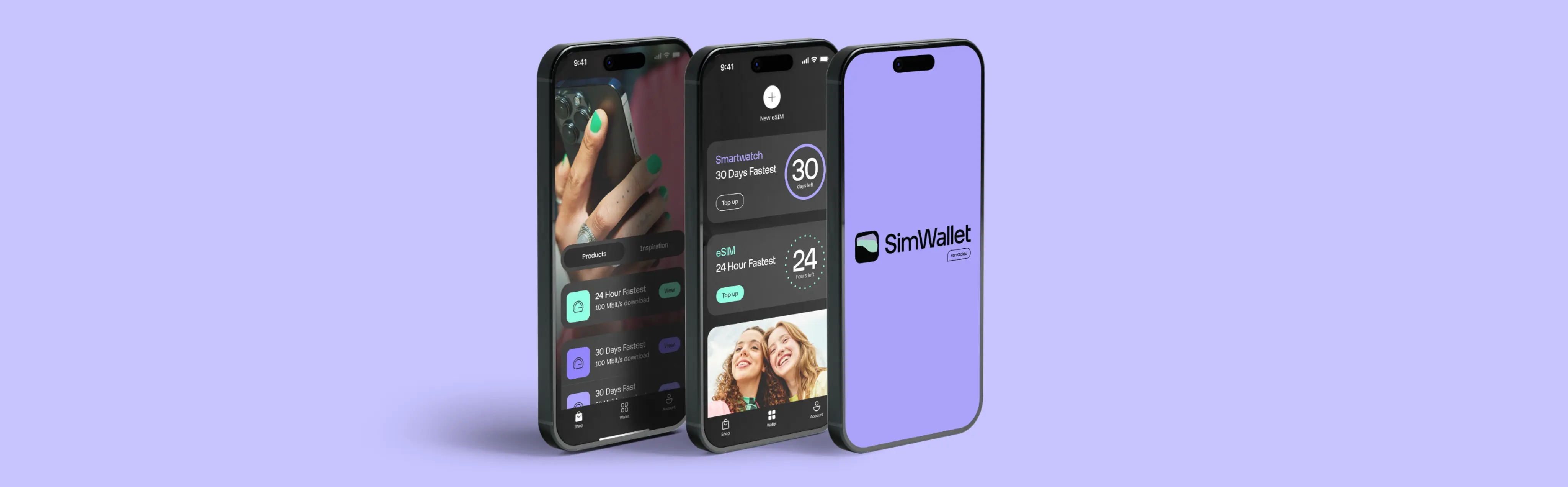 Three smartphones using SimWallet, the new eSIM service from Odido and 1GLOBAL