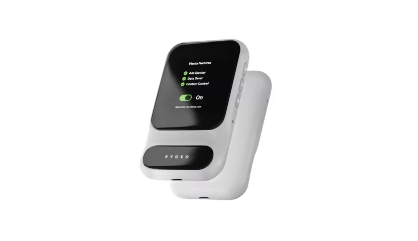 Portable Wi-Fi hotspot device with a digital display showing network status and settings, representing 1GLOBAL IoT cellular modules available for always on connectivity.