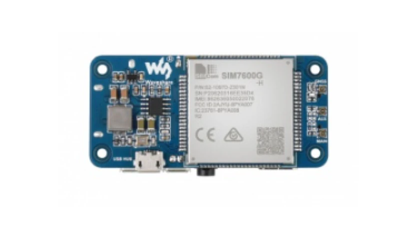 A SIM7600G H cellular module on a blue PCB with a USB port and various electronic components, used for communication in IoT devices.