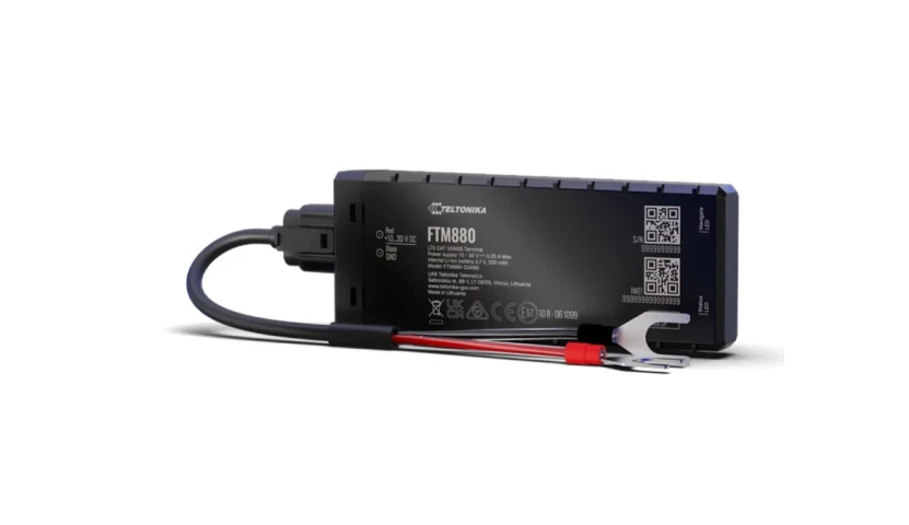 A device labeled "FTM880" with a connected cable and clip, representing 1GLOBAL IoT cellular modules available.