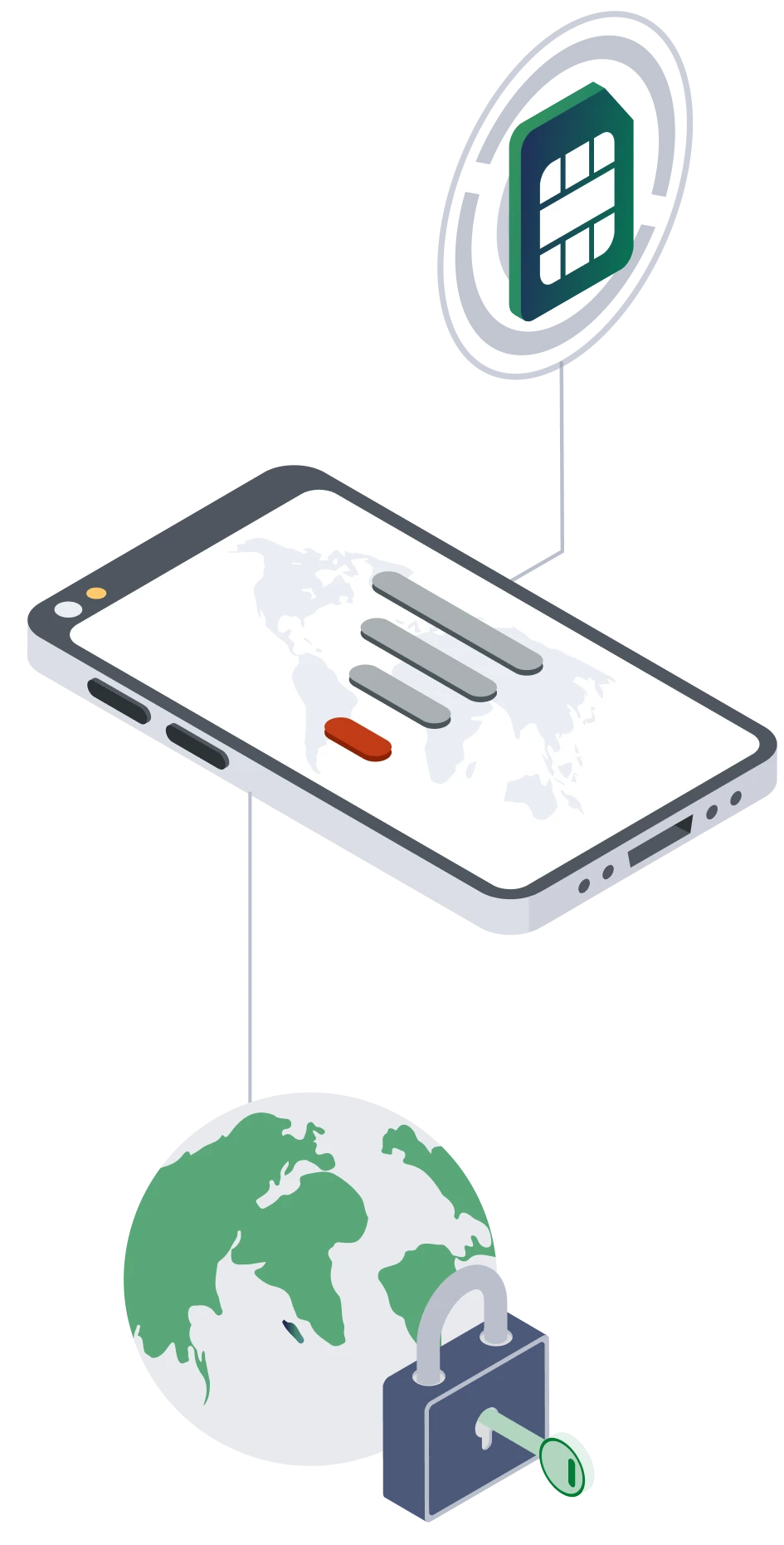 Illustration of a smartphone, SIM card, and globe. A padlock with a key symbolizes vendor lock-in and outdated technology.