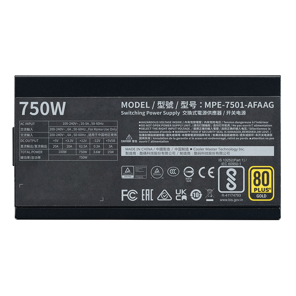 電源ユニット A2 MWE Gold 750WV2 ATX3.1 Cooler Master MWE Gold 750 V2 Fully Modular, 750W, 80+ Gold