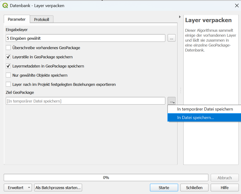 Window for packaging layers in a software, with options to save as GeoPackage, overwrite, and select file destination.