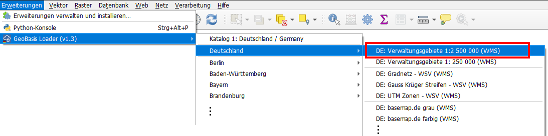QGIS, Tutorial, Erweiterungen, Plugins, GeoBasis_Loader, Deutschland, Verwaltungsgebiete, Layerbedienfeld