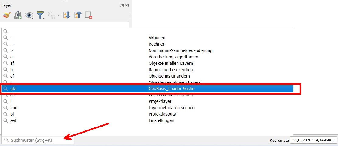 QGIS Suchleiste Geobasis_Loader WMS laden