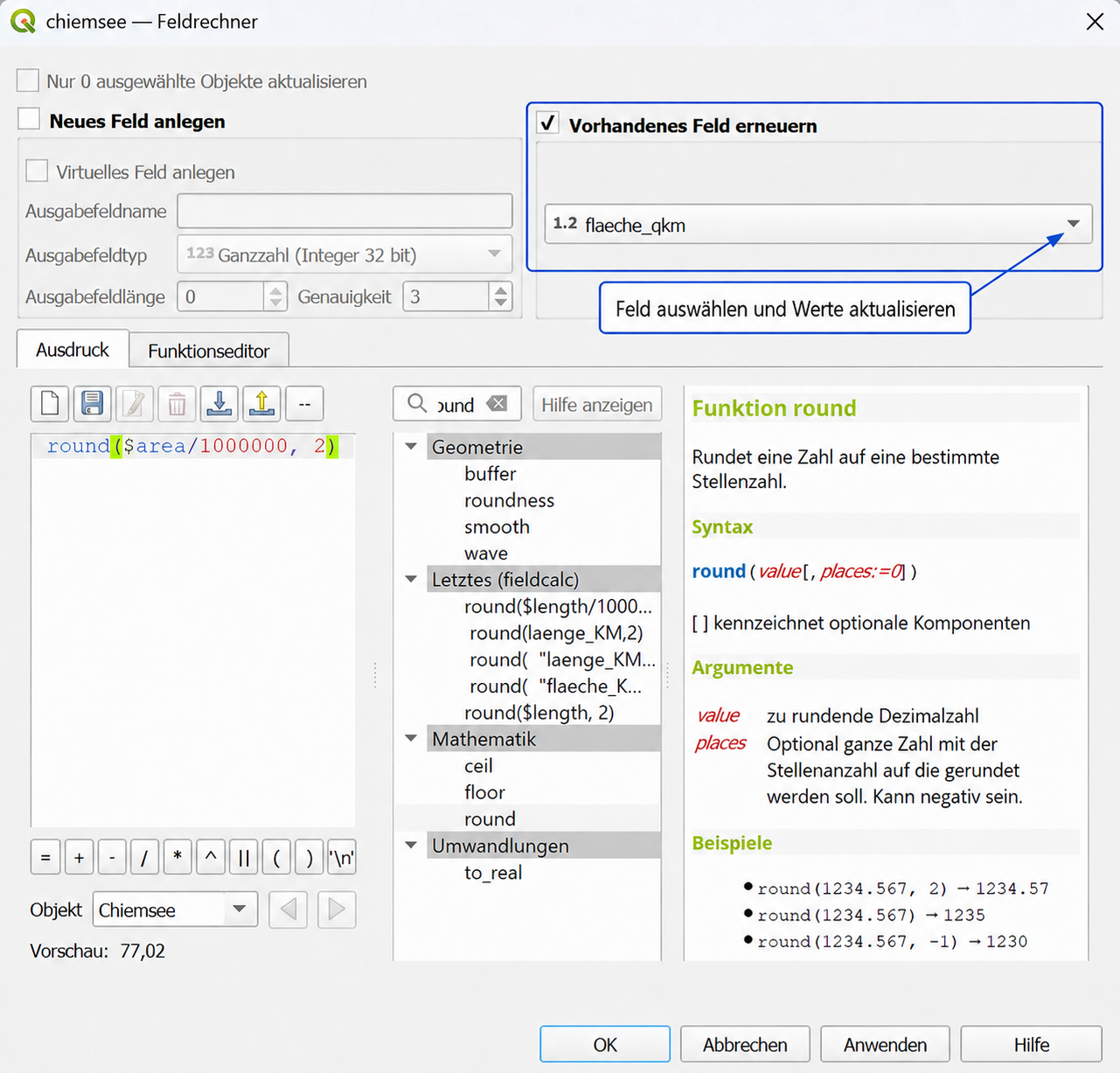 Feld erneuern, Field Calculator, QGIS
