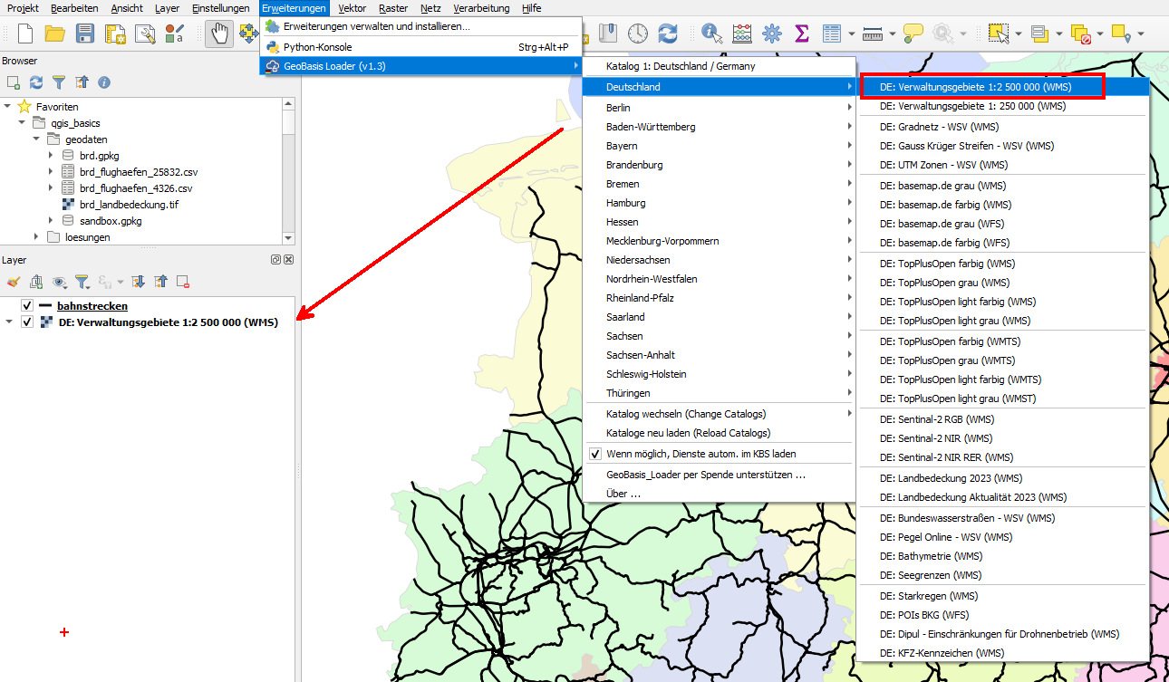 QGIS, Tutorial, Erweiterungen, Plugins, GeoBasis_Loader, Deutschland, Verwaltungsgebiete, Layerbedienfeld