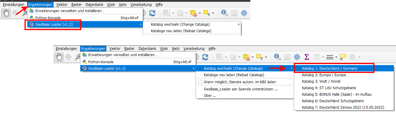 QGIS, Tutorial, Erweiterungen, Plugins, GeoBasis_Loader, Katalog wechseln