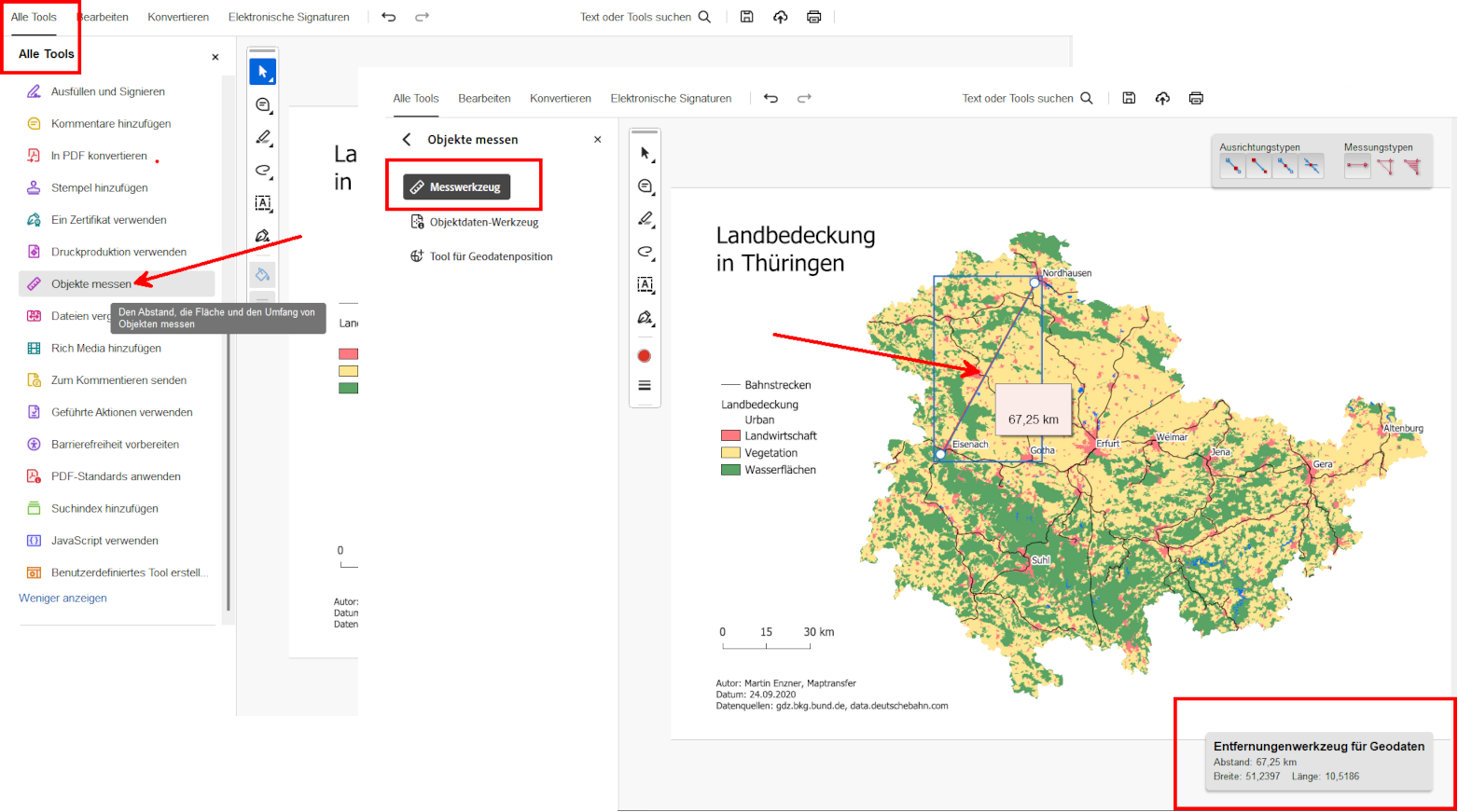 QGIS GeospatialPDF, AdobeAcrobatReader, Messwerkzeug Adobe Messwerkzeug