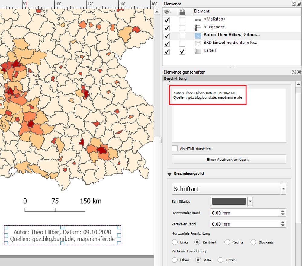 qgis tutorial, deutsch, maptransfer, lektion2, drucklayout, map composer, textfeld hinzufügen, text verändern, anpassen, quelle, autor, datum