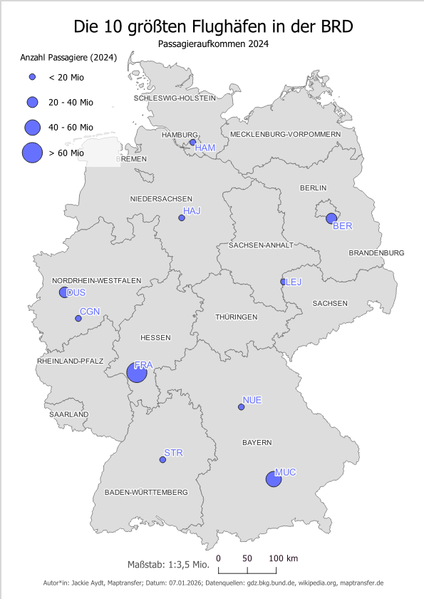 qgis tutorial, deutsch, maptransfer, lektion3, drucklayout, flughäfen in der brd, top ten, passagieraufkommen, beschriftung, annotationen