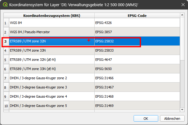QGIS, Tutorial, Erweiterungen, Plugins, GeoBasis_Loader, Koordinatensystem für Layer, EPSG: 25832