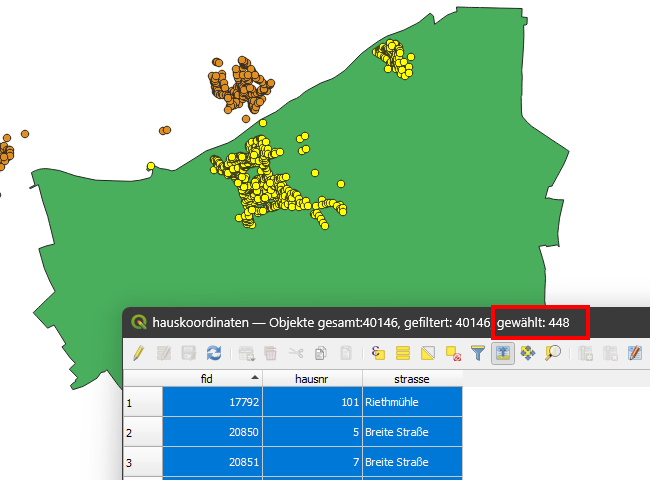 qgis tutorial, deutsch, maptransfer, advanced, lektion4, vertiefung räumliche auswahl und verknüpfung, vektor, hauskoordinaten, gemeinden_dlm, nach position selektieren, sind innerhalb, auswahl