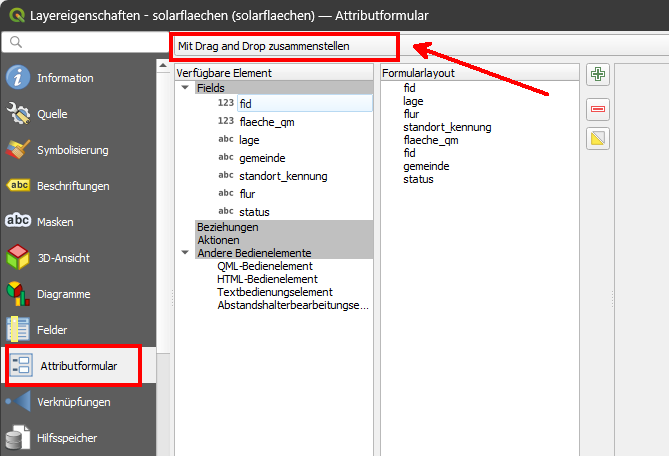 maptransfer, qgis tutorials, advanced, klicktutorial, lektion 6, deutsch, vertiefung objektbearbeitung, attributformular, felder, mit drag and drop zusammenstellen