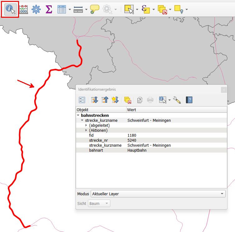 Lektion 5, Identifikationsergebnis, Bahnstrecken, Abfrage, QGIS