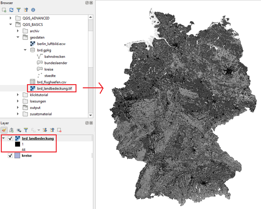 qgis tutorial, deutsch, maptransfer, lektion1, rasterdaten, rasterlayer einladen, landbedeckung