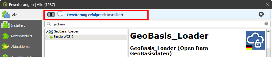 QGIS, Tutorial, Erweiterungen, Plugins, GeoBasis_Loader, installiert