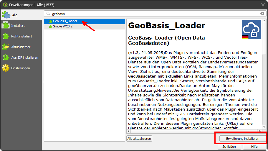 QGIS, Tutorial, Erweiterungen, Plugins, GeoBasis_Loader, WMS, installieren
