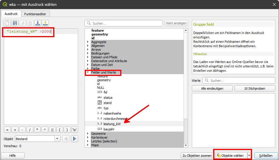 qgis tutorial, deutsch, maptransfer, advanced, lektion5, tabellen abfragen und verbindungen, auswahlwerkzeugleiste, objekte nach ausdruck wählen, operatoren
