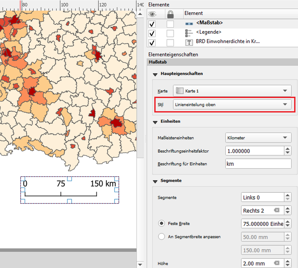 qgis tutorial, deutsch, maptransfer, lektion2, drucklayout, map composer, maßstab hinzufügen, maßstabsleiste, anpassen, verändern
