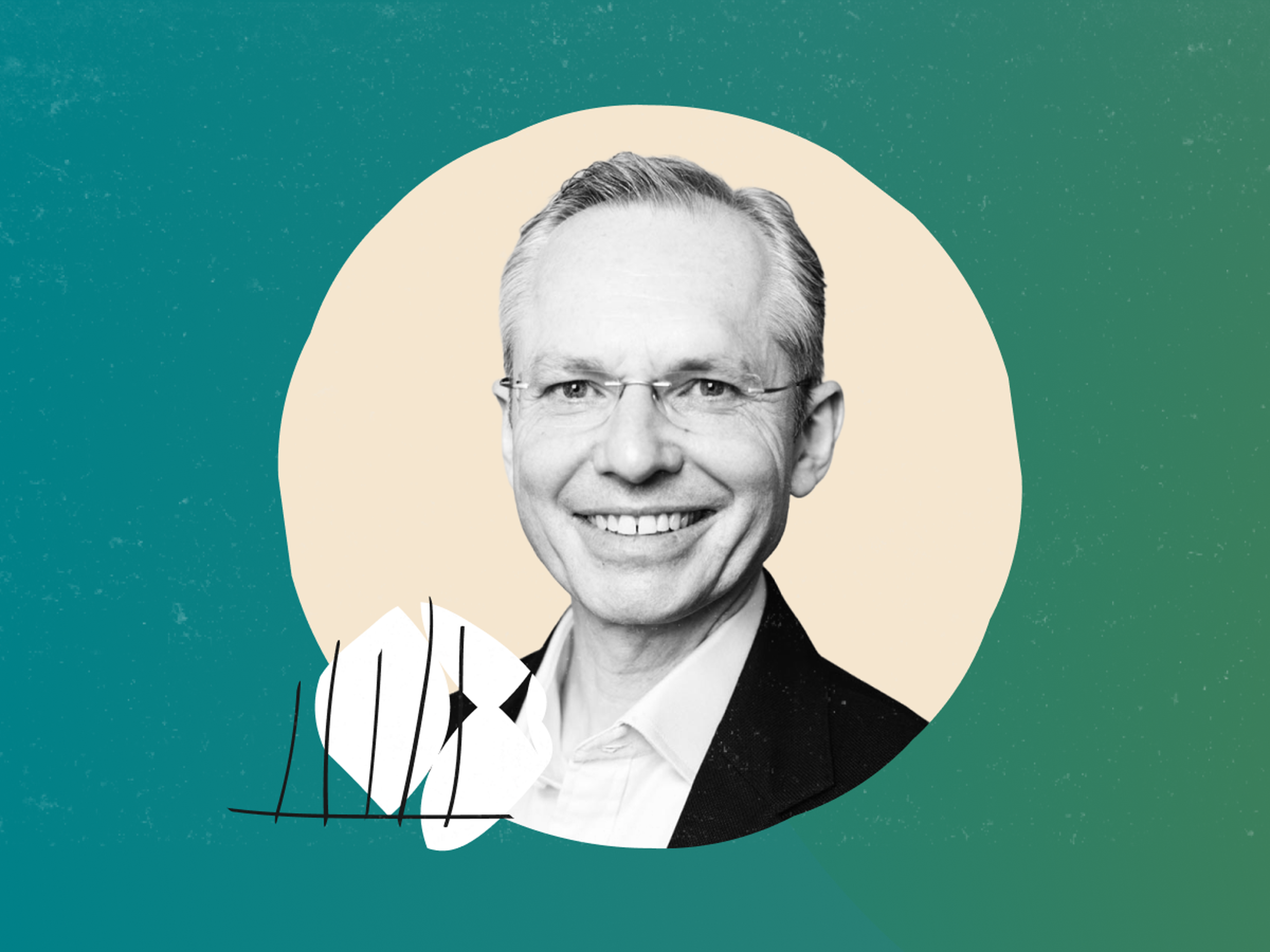 Headshot of Paul Griffith with abstract shapes, set against a teal background.