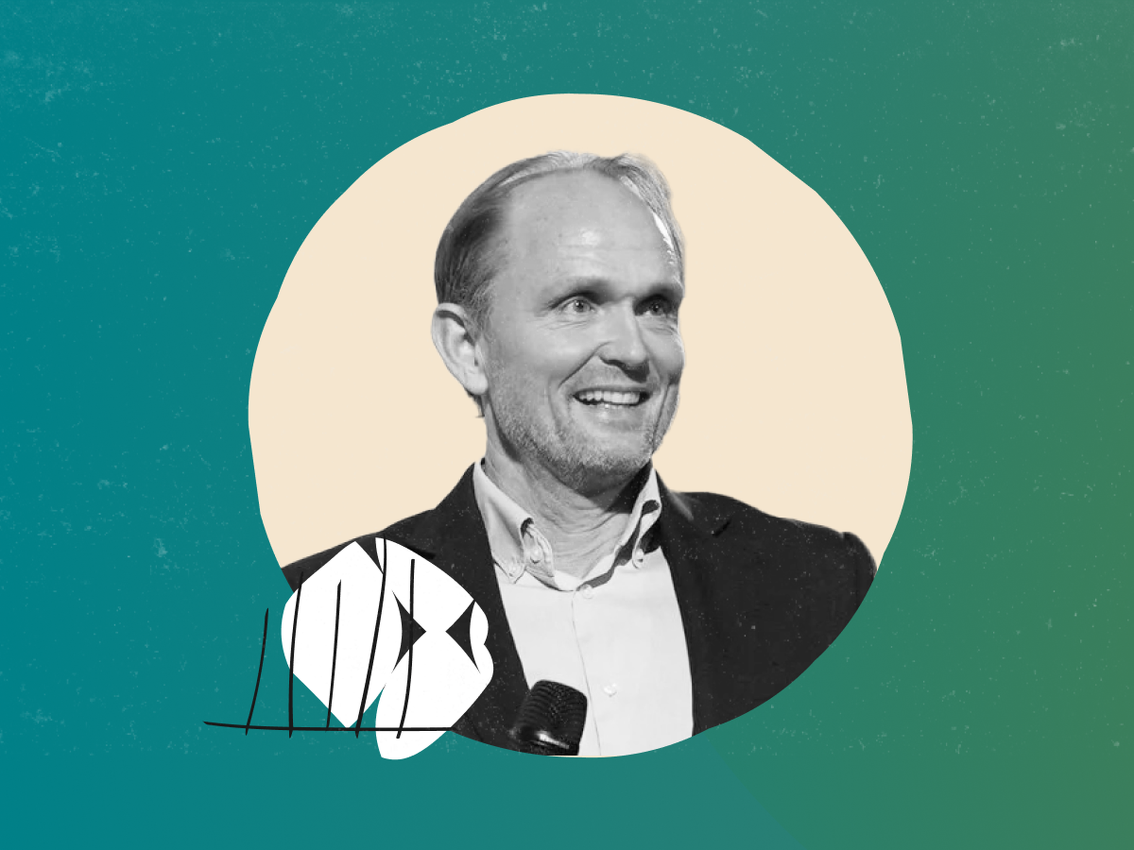 Headshot of Johan Roos on a green gradient background with an abstract design.