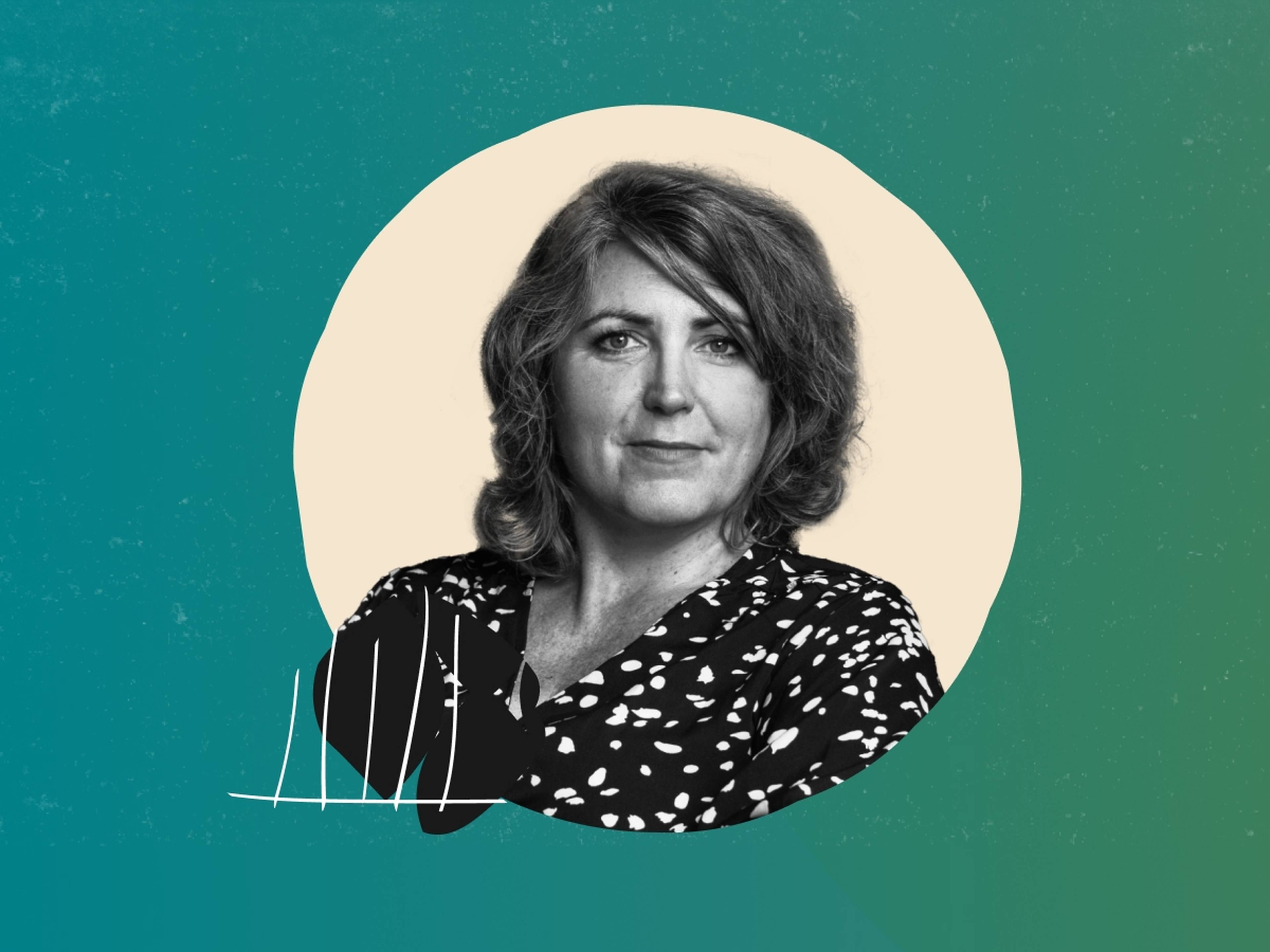 Trudi West set against a beige circle on a teal background with abstract white lines.