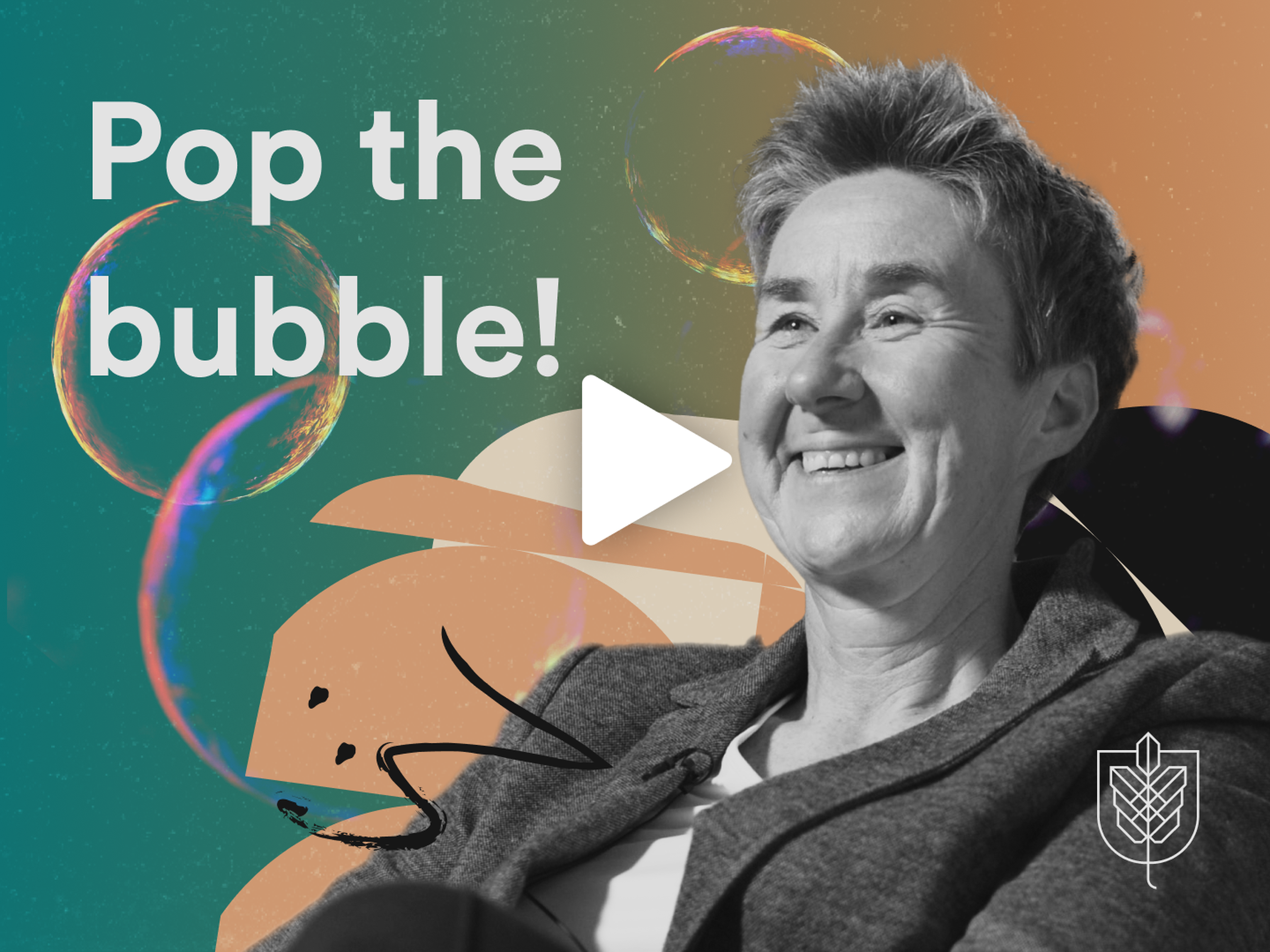 Vicki Culpin sits against a colorful background with bubbles and "Pop the bubble!" text. Play button overlays the image.