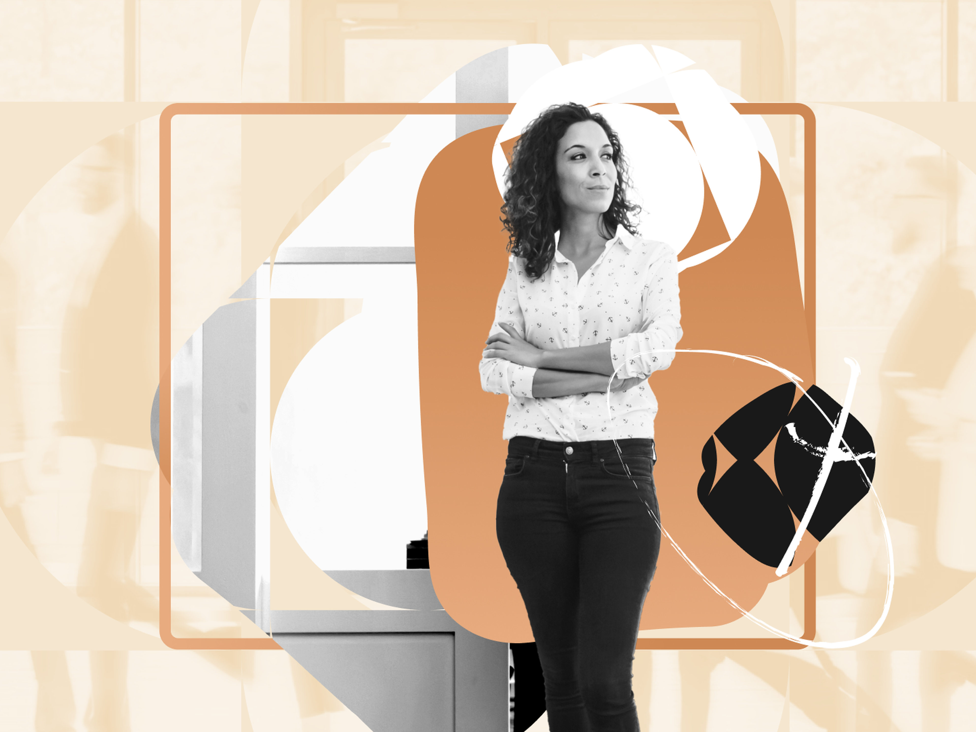 Woman with curly hair, wearing a white shirt, stands confidently with arms crossed against an abstract background in neutral tones.