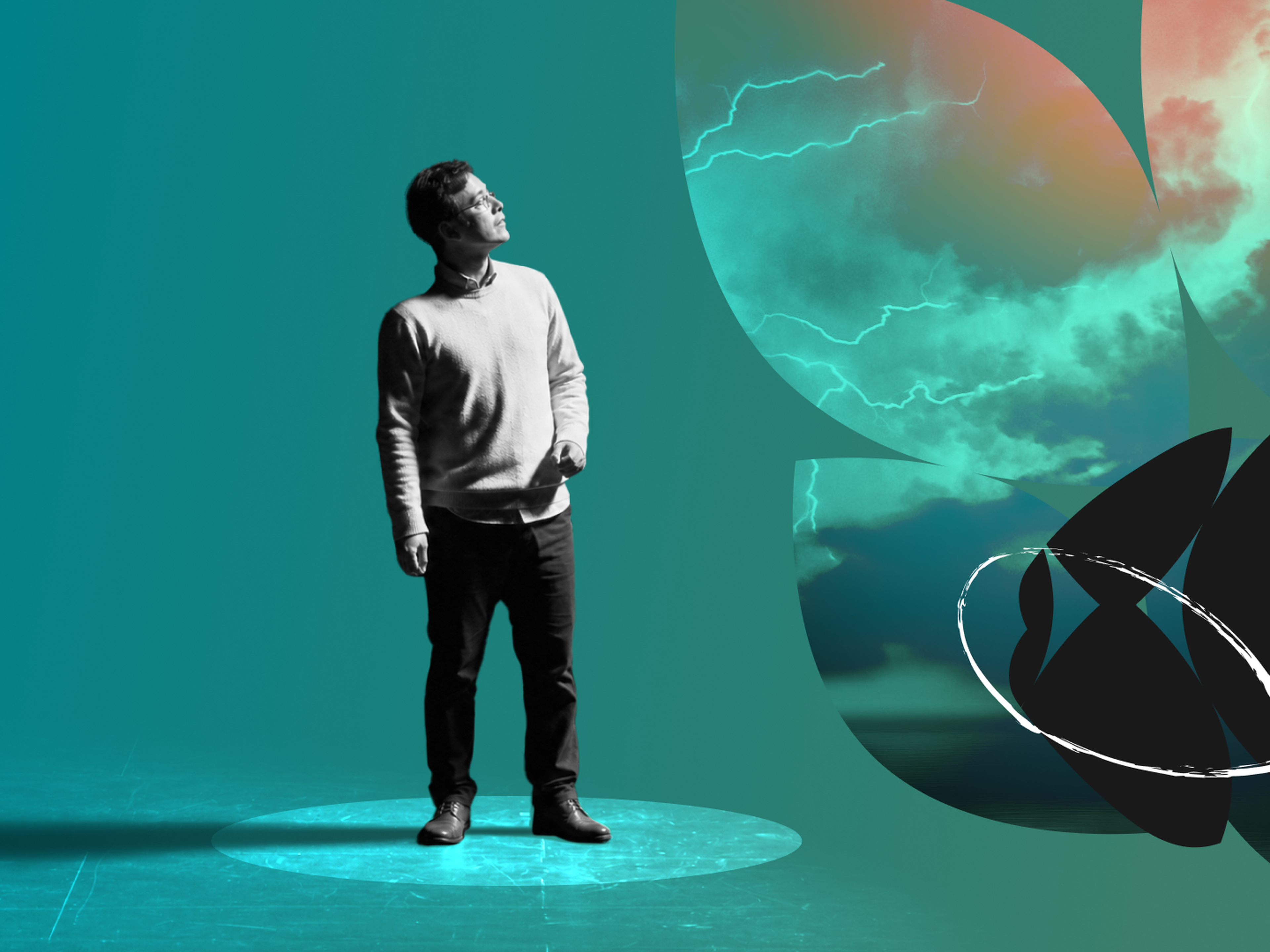 A man in monochrome stands on a teal background, gazing upward, with abstract elements and stormy clouds to the right.