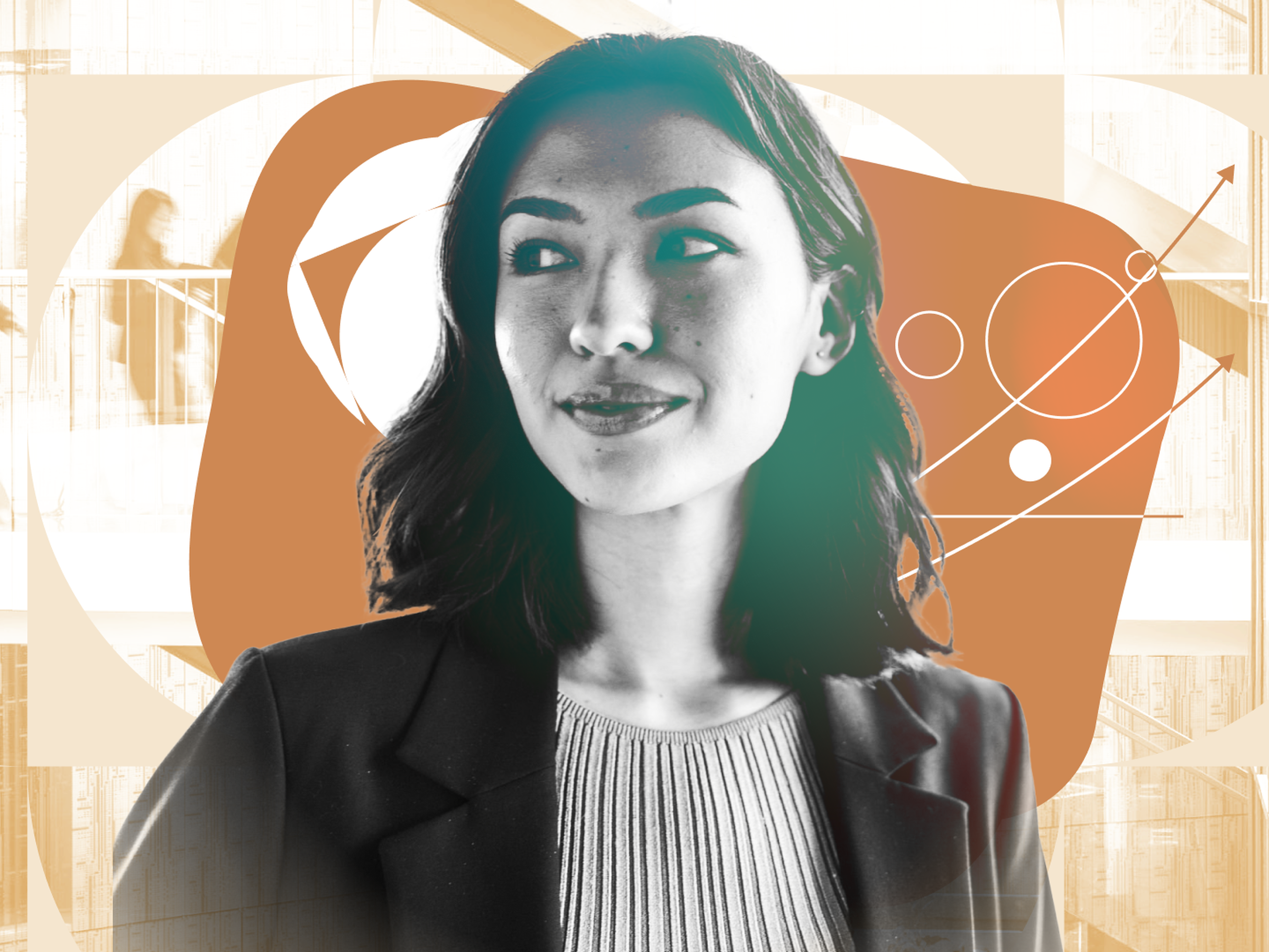 Smiling woman in a blazer with abstract geometric shapes and soft colors in the background, conveying professionalism and creativity.