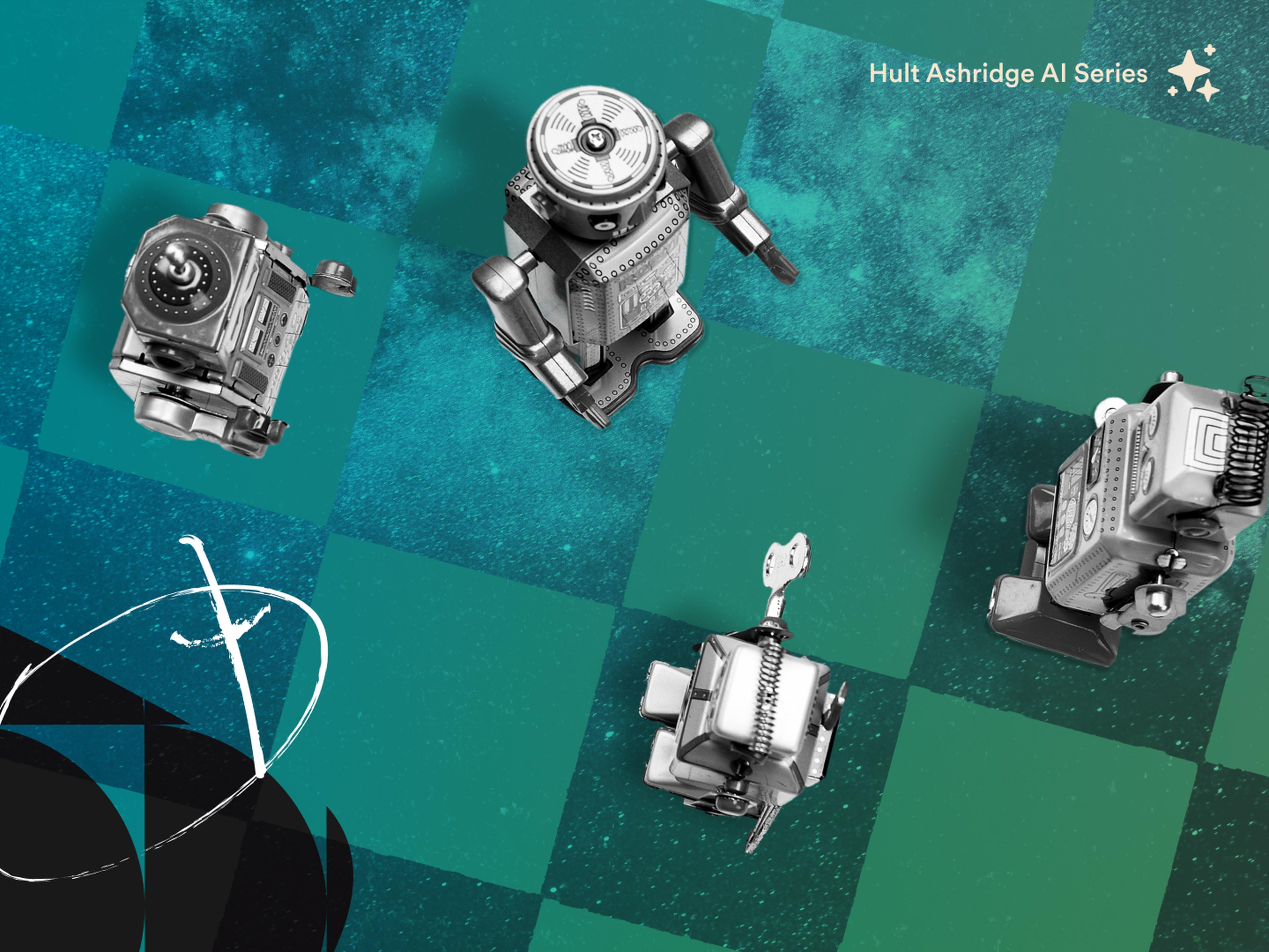 Four vintage robots on a teal checkered background, with "Hult Ashridge AI Series" text in the corner.