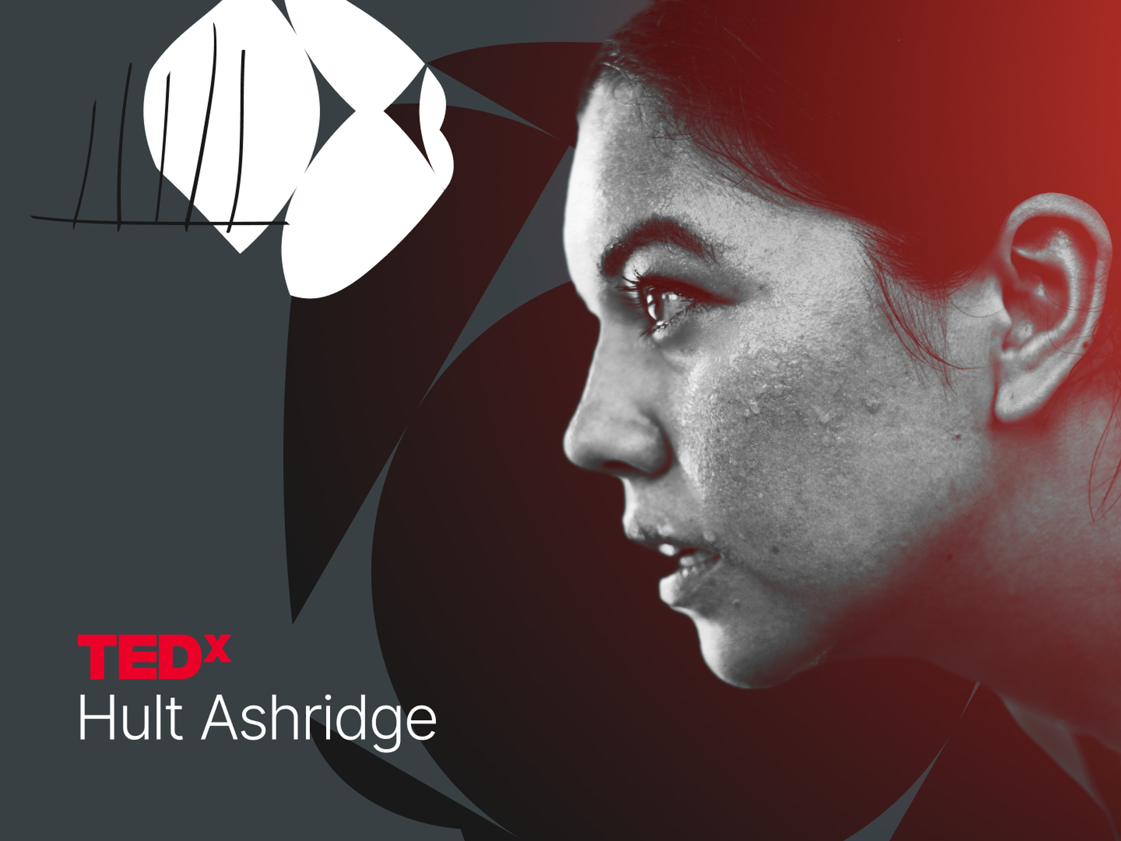Profile of a woman's face in focus against a dark background with abstract shapes, featuring text "TEDx Hult Ashridge" in red and white.