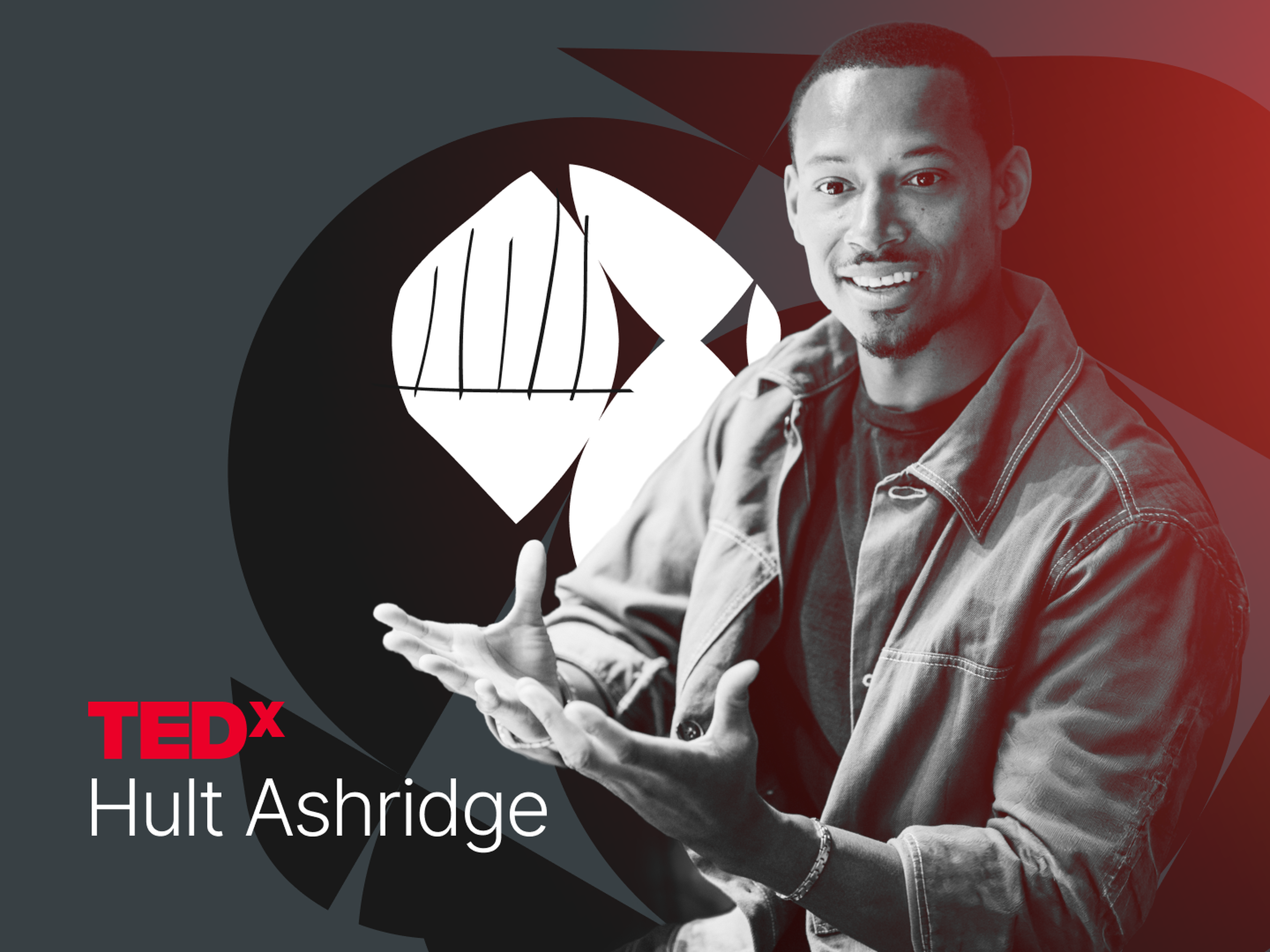 A person smiling with a welcoming gesture next to the text "TEDx Hult Ashridge" on a dark background with red accents.