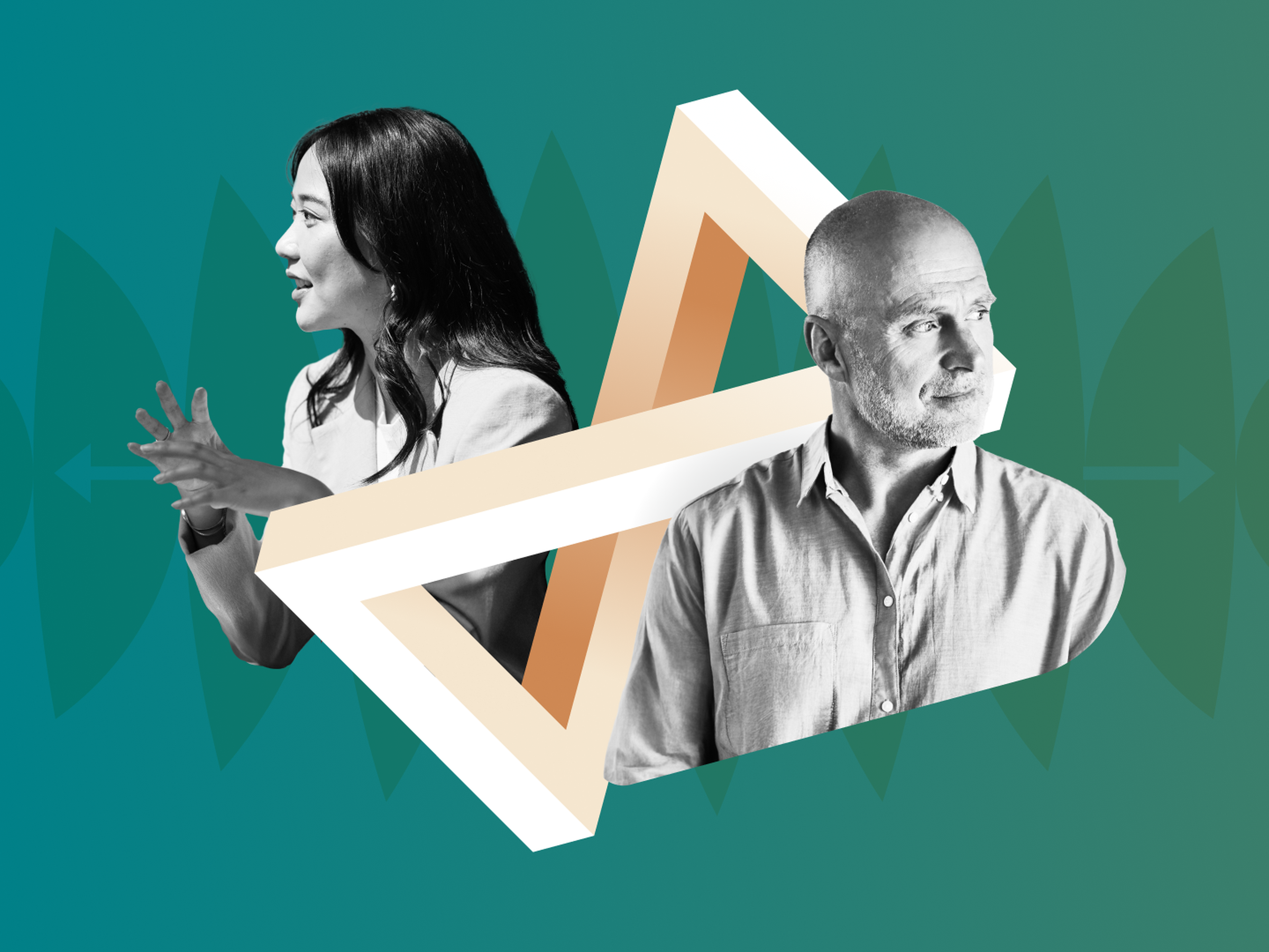 A woman and man in grayscale are connected by an abstract triangular shape on a green gradient background with subtle arrow designs.