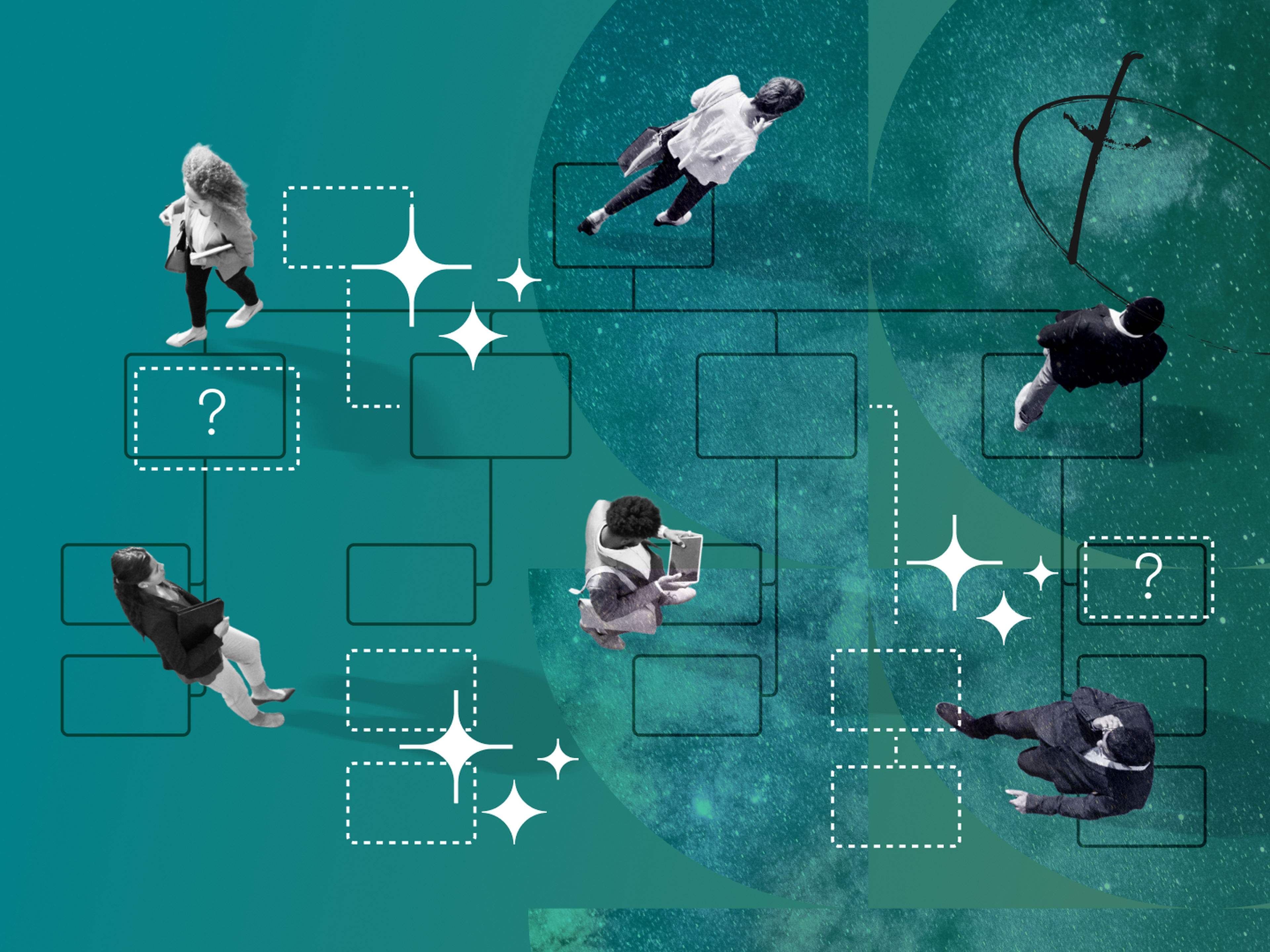 Aerial view of people walking over a blue background integrated with flowchart lines, question marks, and glowing stars.