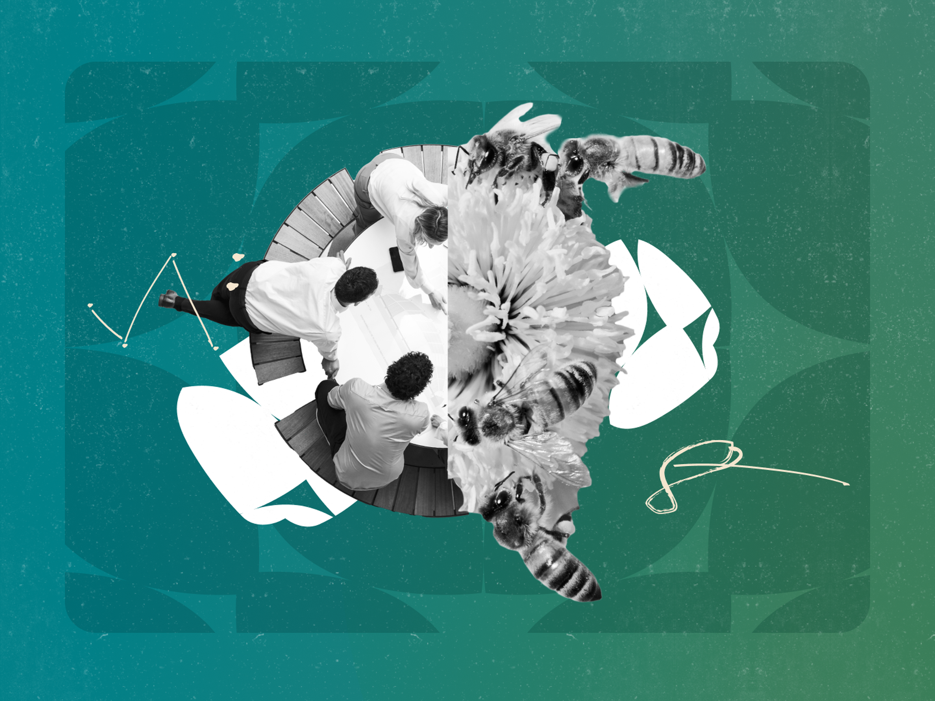 Aerial view of people at a table, surrounded by bees and flowers on a green background with abstract shapes to depict a high performing team