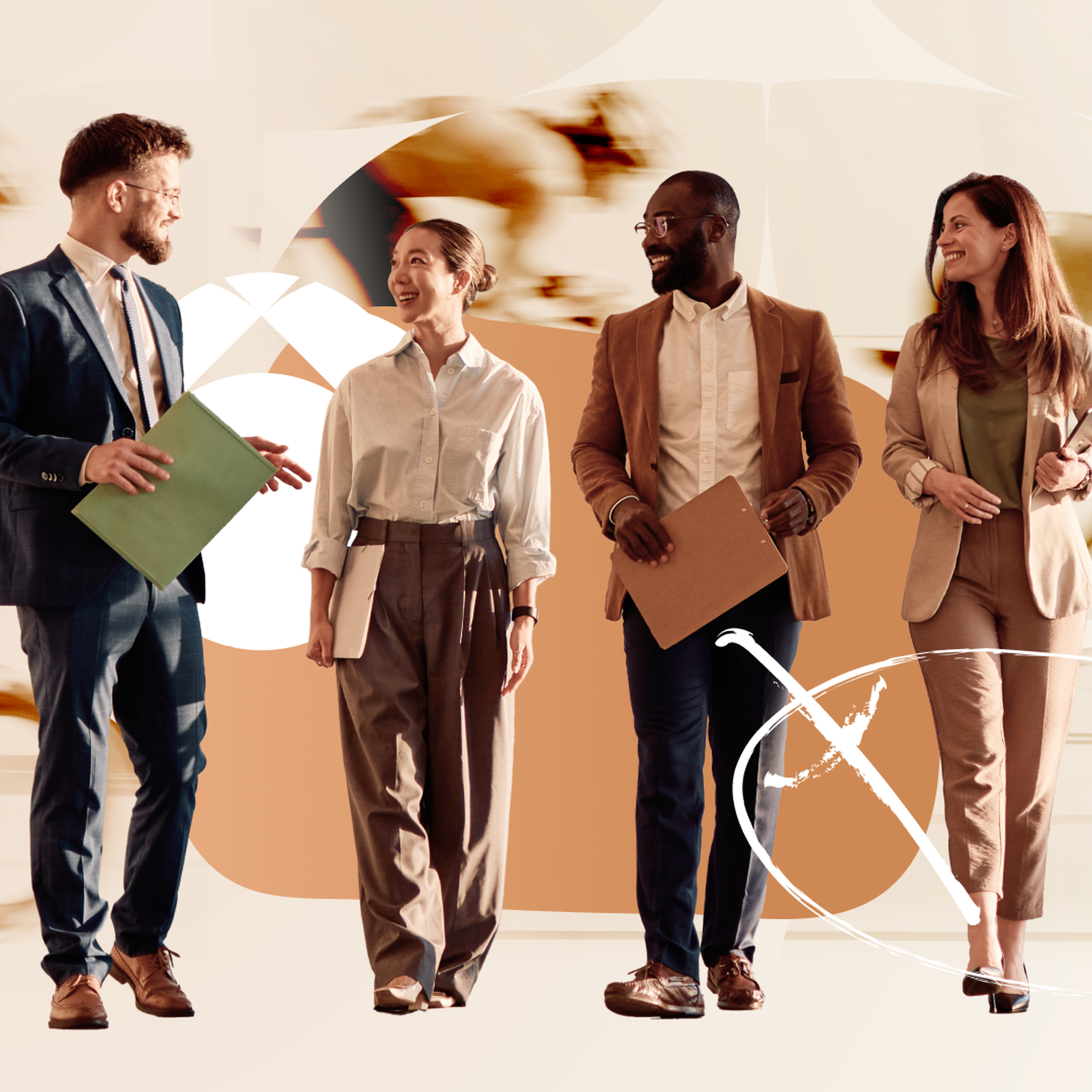 Four people in business attire walk and converse, holding folders. Blurred cyclists in the background suggest motion and urban setting.
