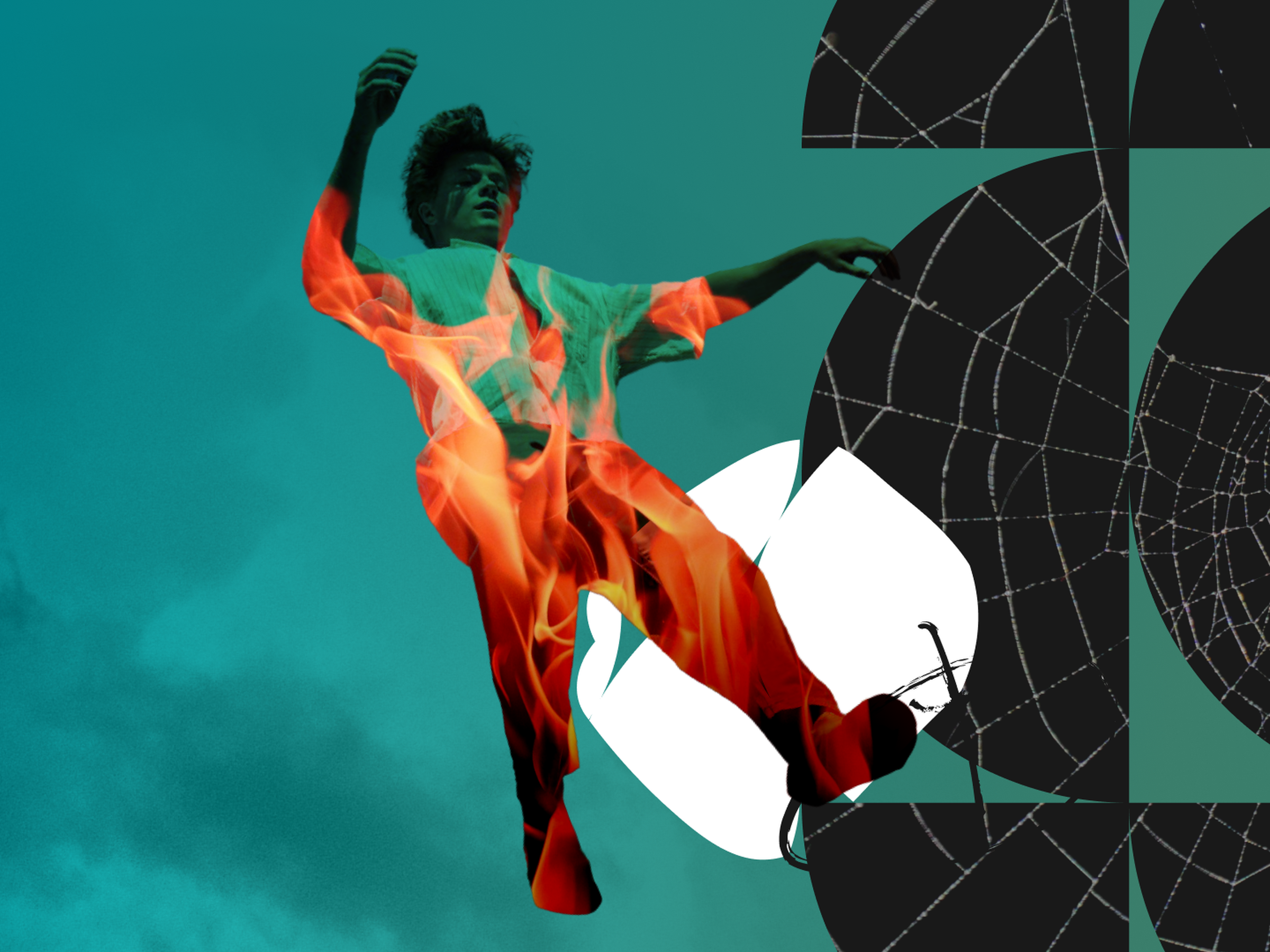 A person in mid-air with flames around their body, set against a green background with abstract black and white spider web patterns.