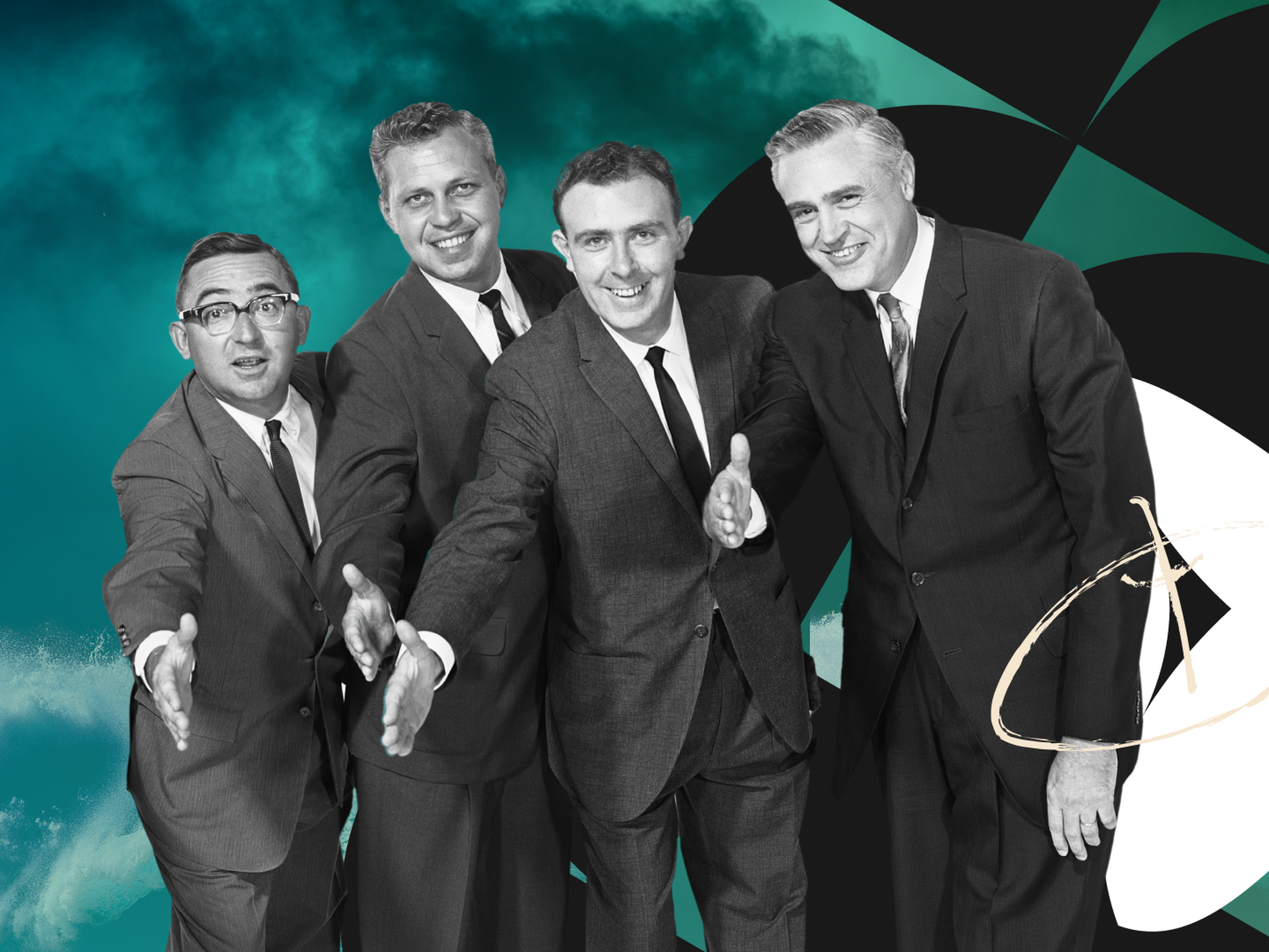 Four men in suits smiling and reaching out, standing in a dynamic pose against a stylized teal and black background.