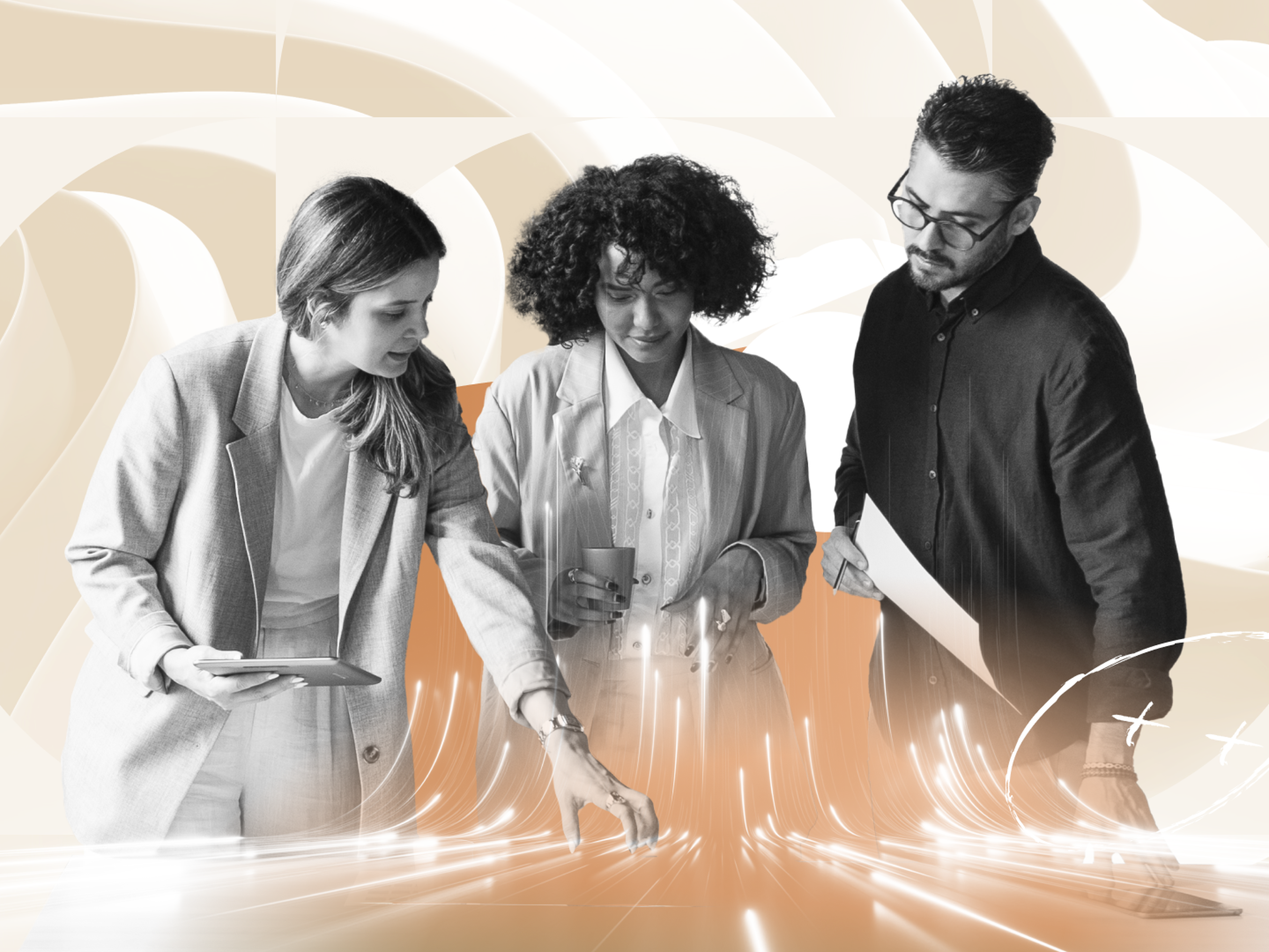 Three professionals, two women and a man, review glowing digital data visuals in a modern, abstract setting.