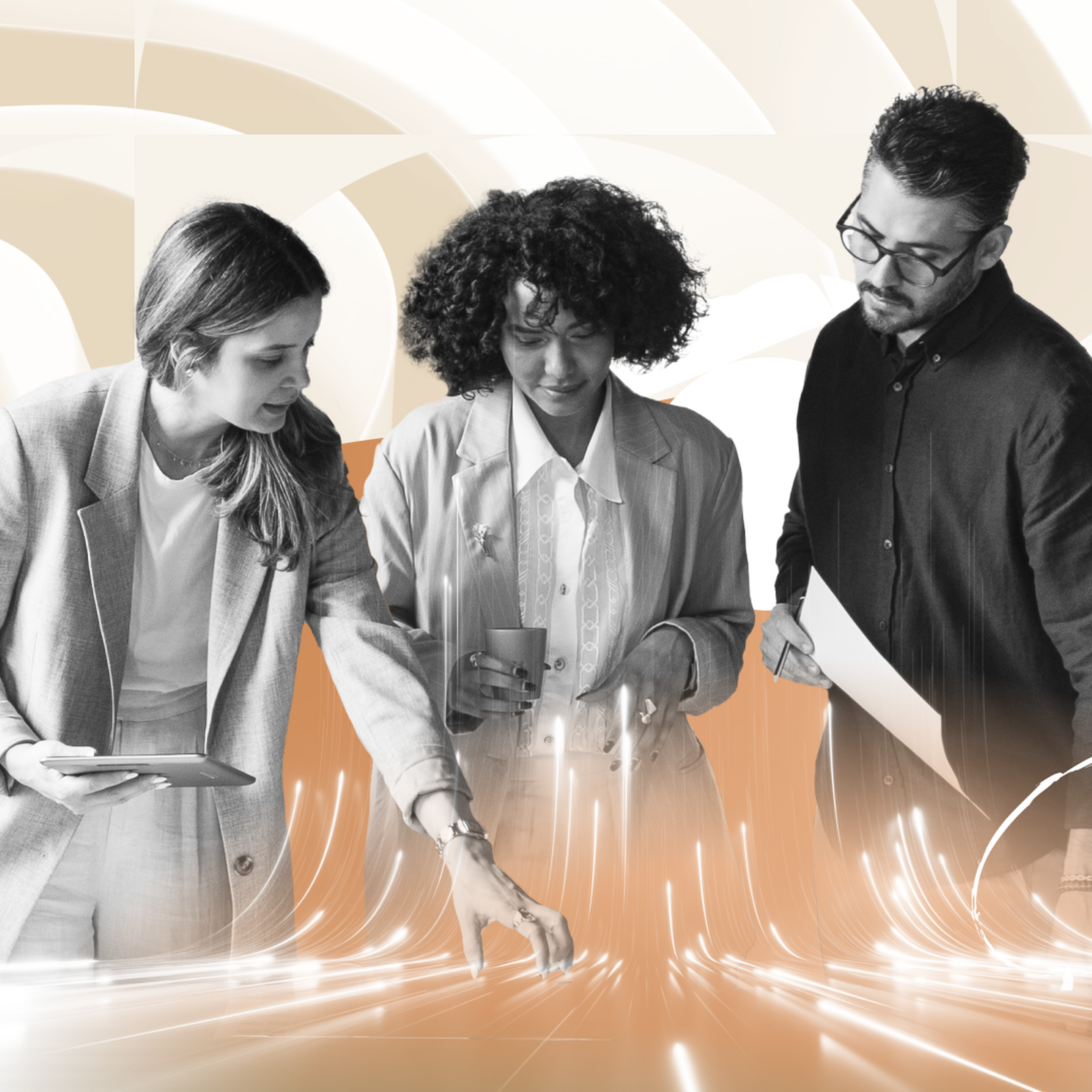 Three professionals, two women and a man, review glowing digital data visuals in a modern, abstract setting.
