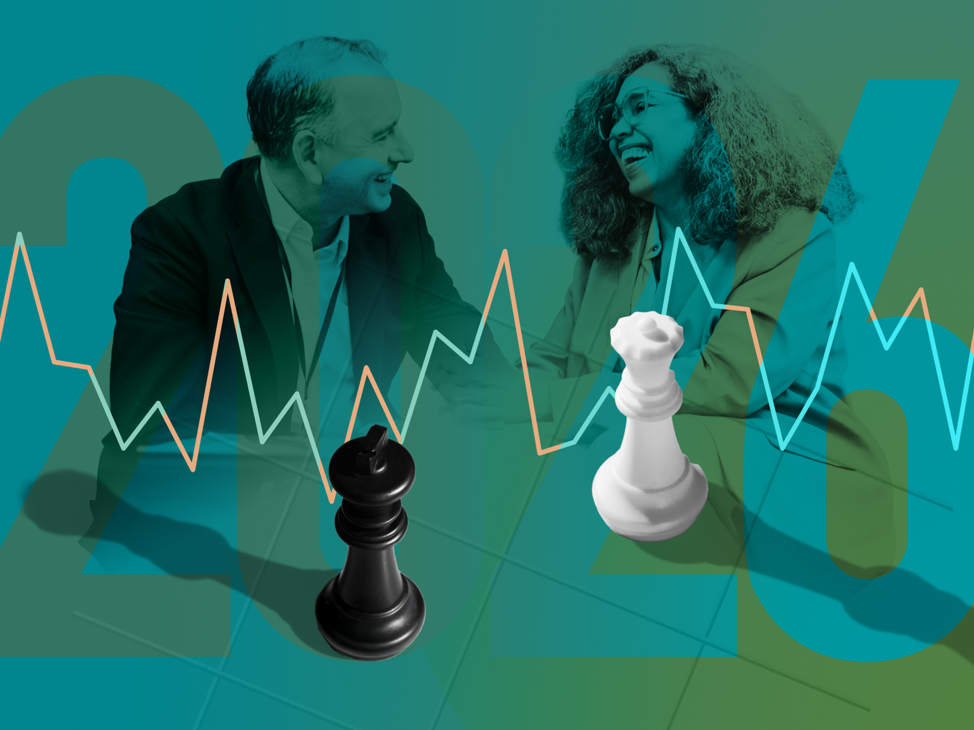 Two businesspeople smiling overlaid by colorful line charts and translucent '2020' numbers, with black and white chess king pieces in foreground.