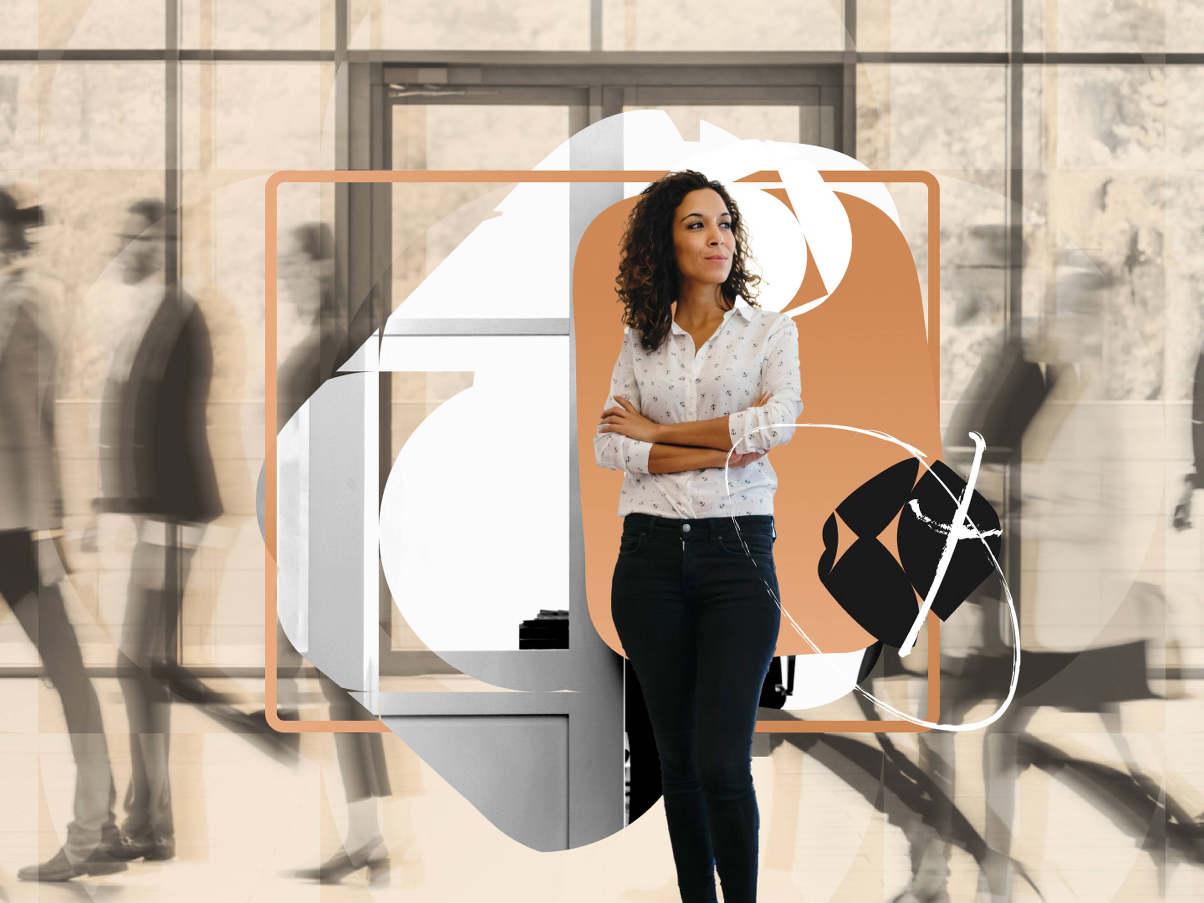 Woman in white blouse stands thoughtfully, framed by abstract geometric shapes and layers.